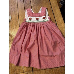 Vintage Girls Dress 3T Orient Express Red Gingham Smocked Red Flowers